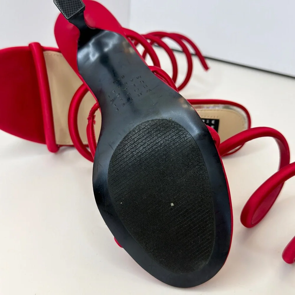 White House Black Market Red Satin Spiral Wrap Ankle Strap Heels Sandals 6.5M - Picture 4 of 7